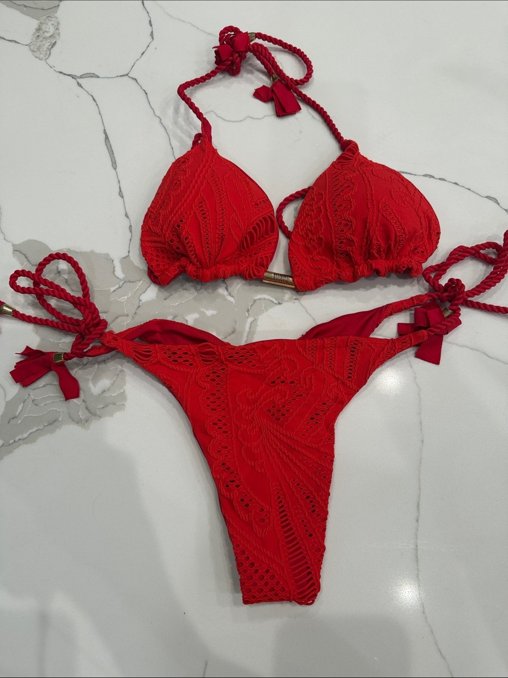 Red  Tie-Side Triangle Bikini Set